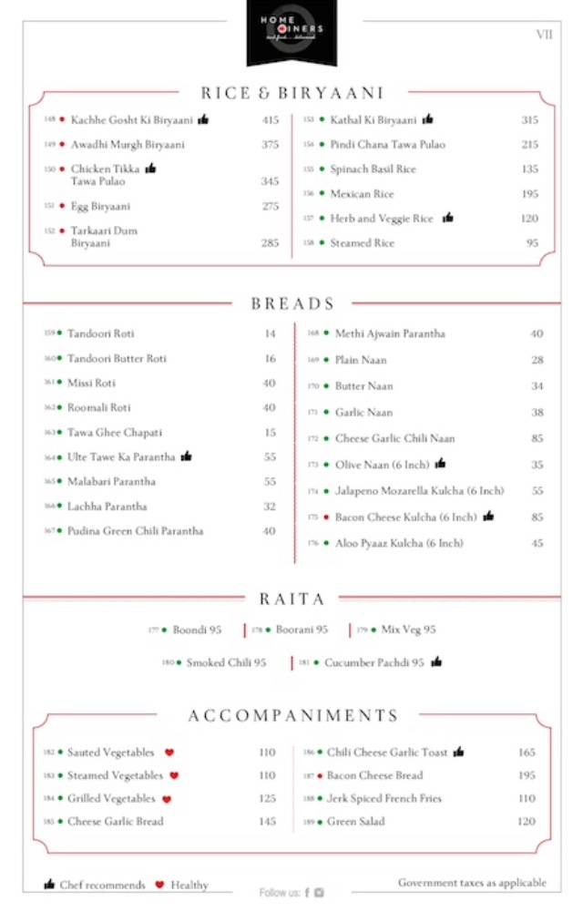 Home Diners menu