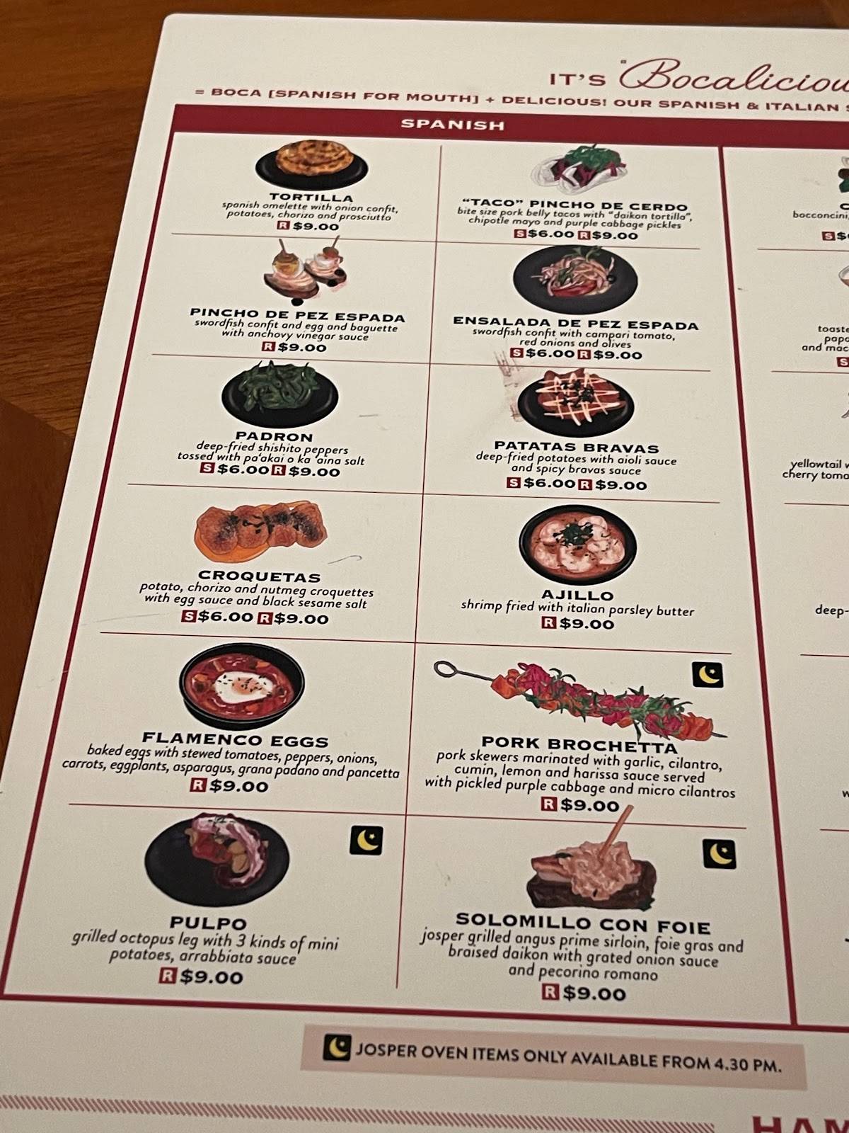 Menu at Rigo Spanish Italian restaurant, Honolulu