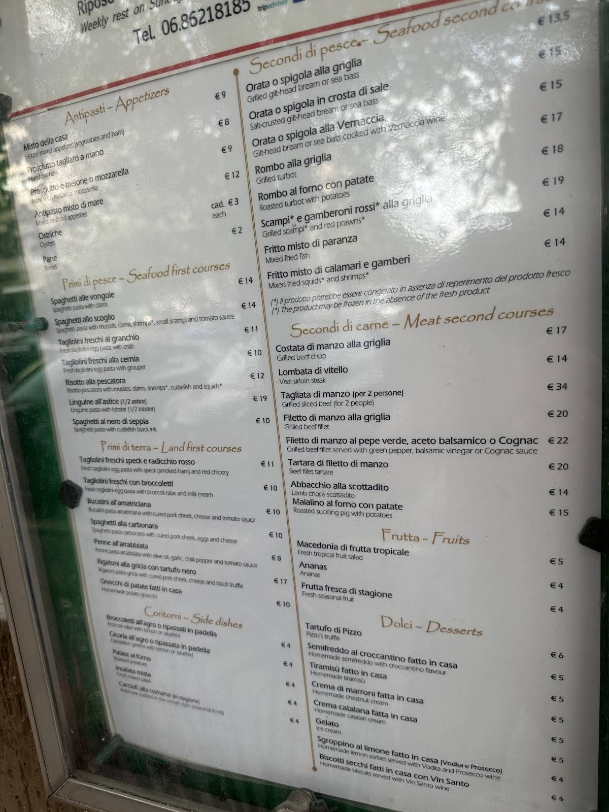 Menu di Hostaria Nomentana 
