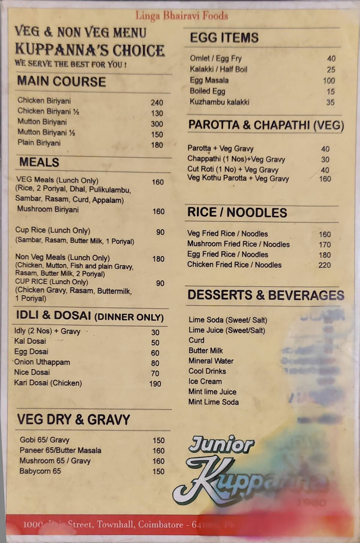 Hotel Junior Kuppanna menu