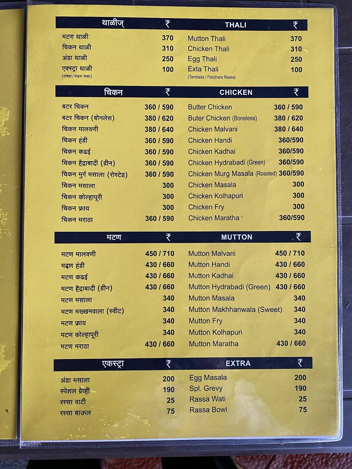 Hotel Manora menu