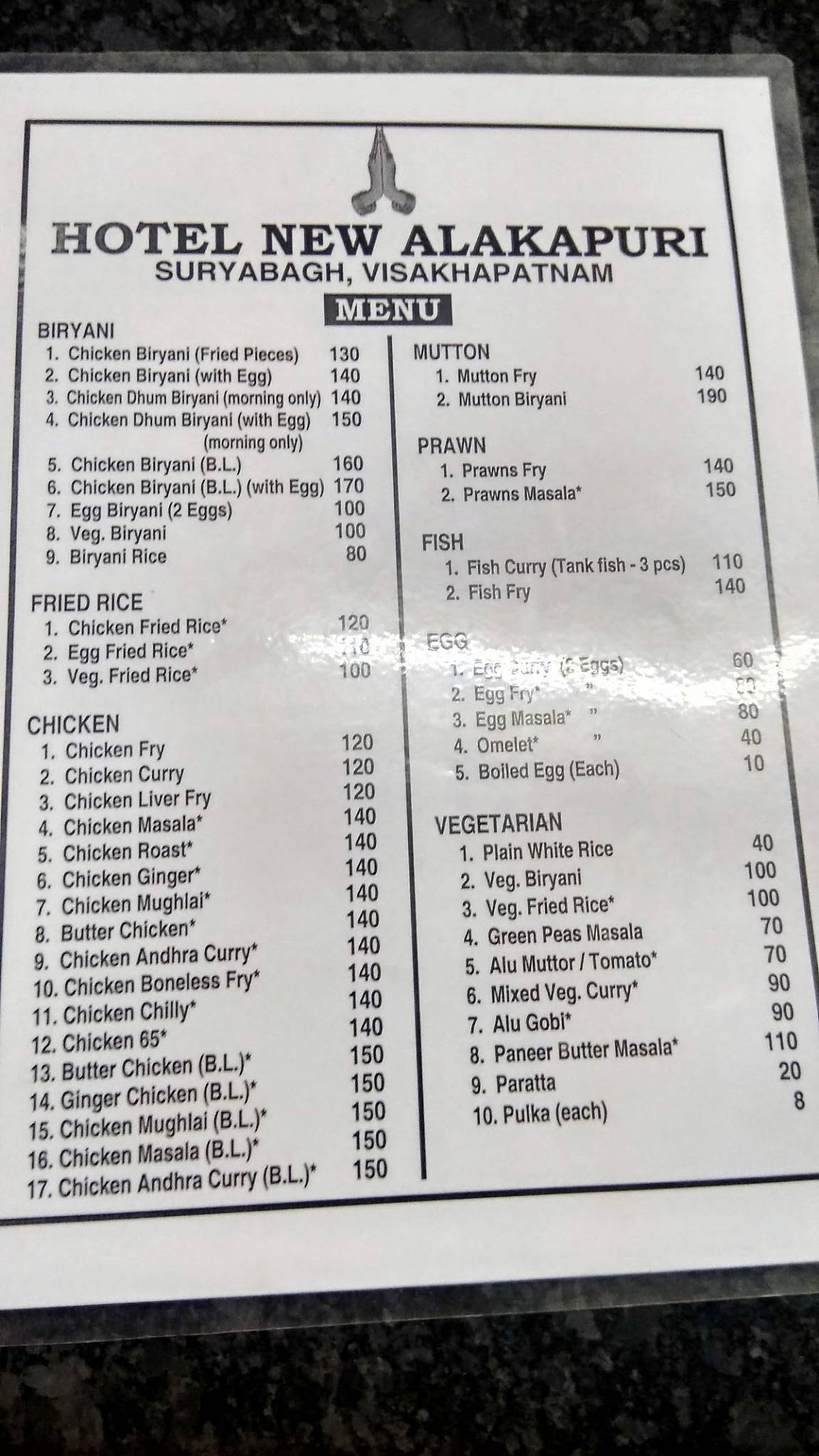 Hotel New Alakapuri menu