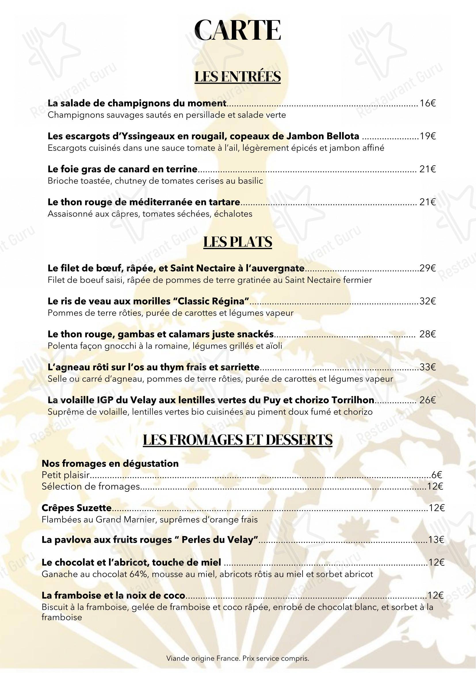 Menu pour Hôtel Le Régina - Le Puy en Velay - Menu