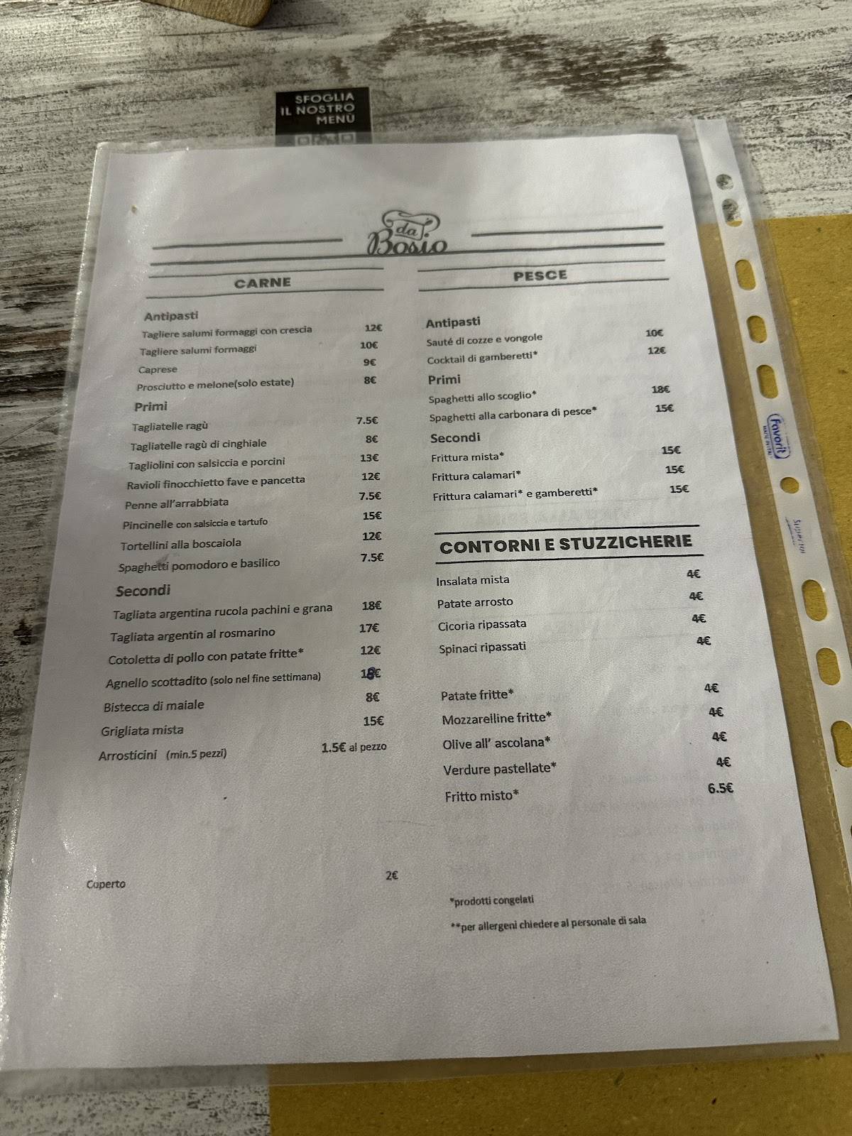 Menu di Hotel Ristorante Pizzeria da Bosio 