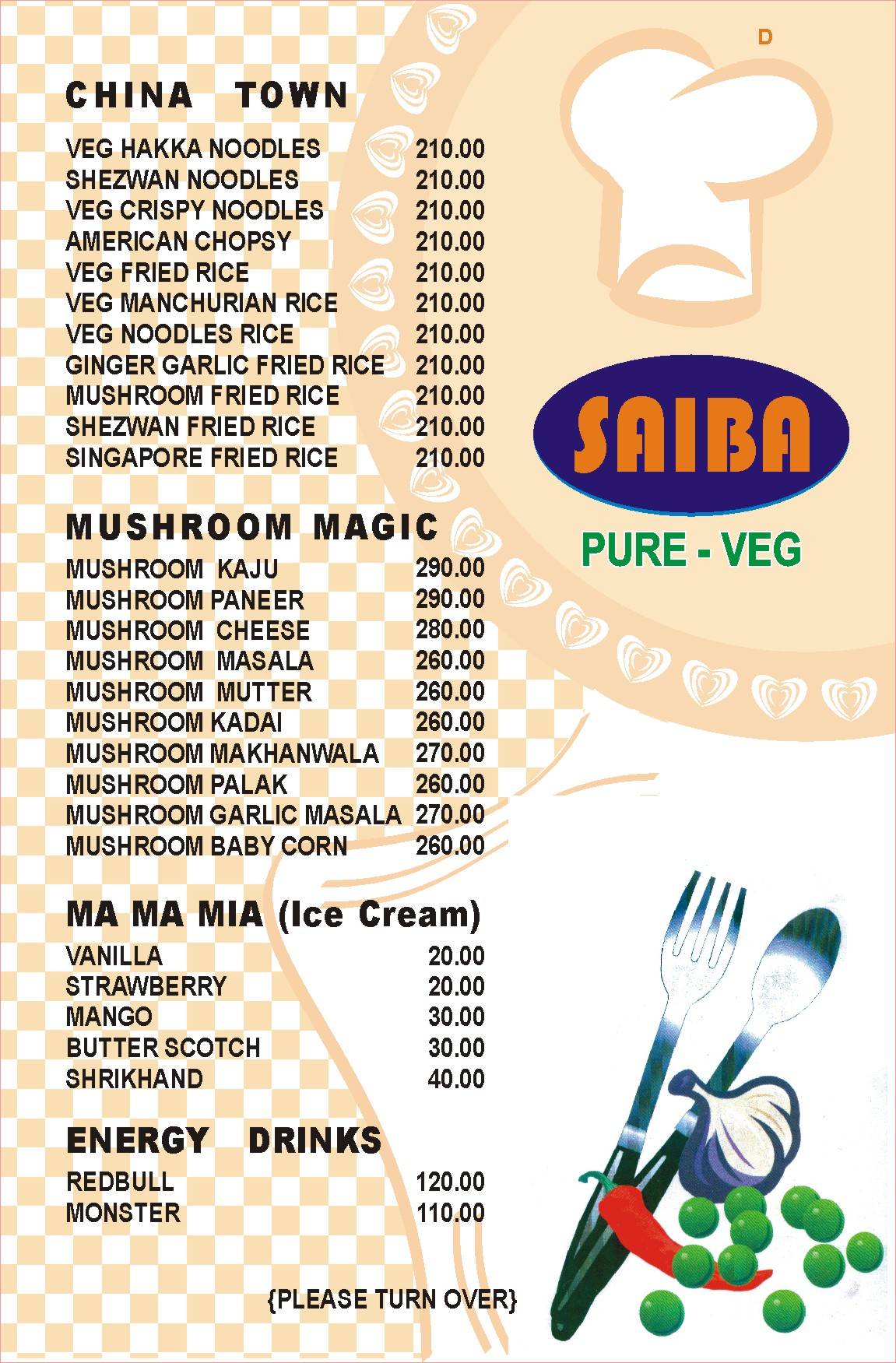 Hotel Saiba menu