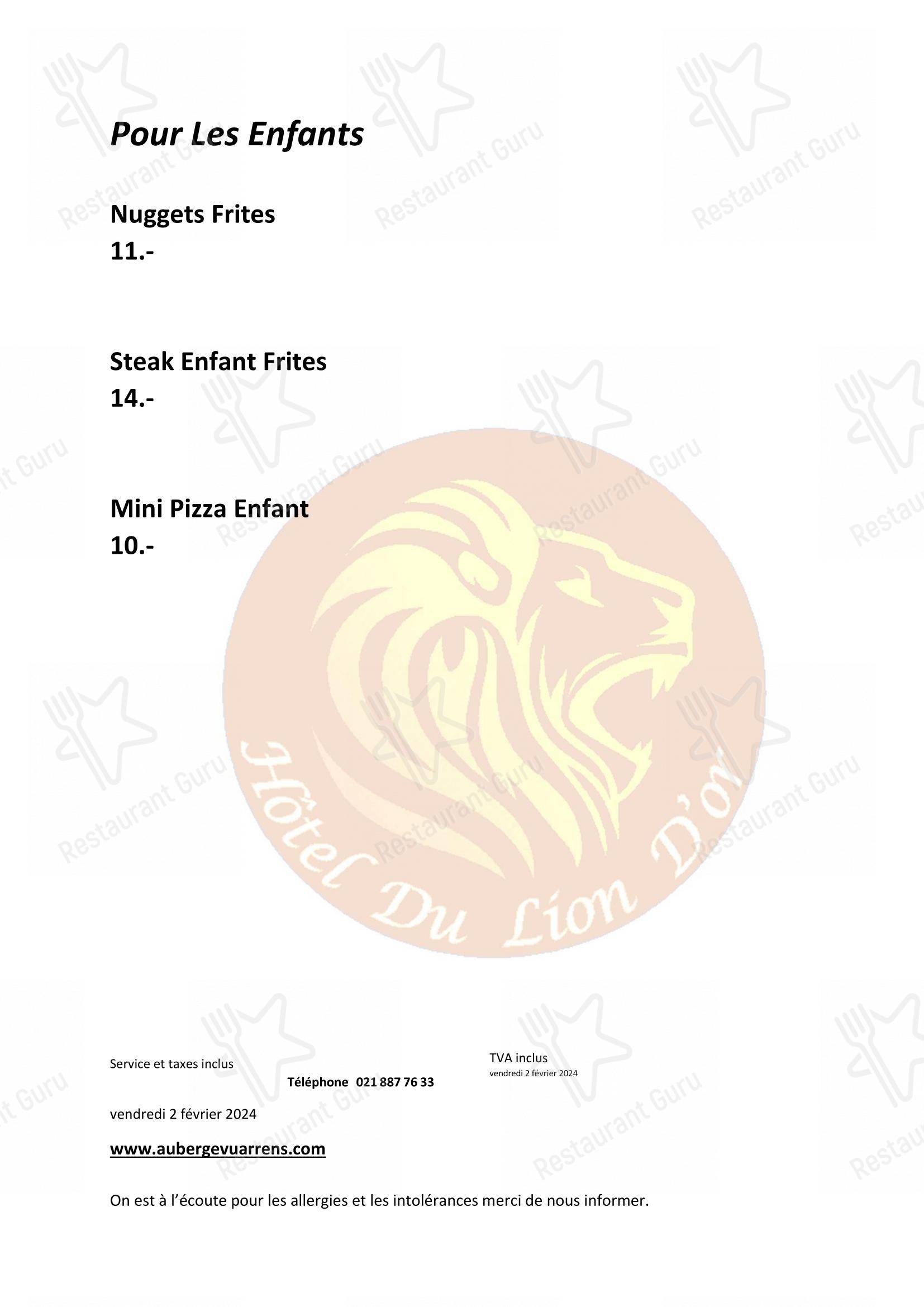 Hôtel du Lion d'Or in Vuarrens - 菜单