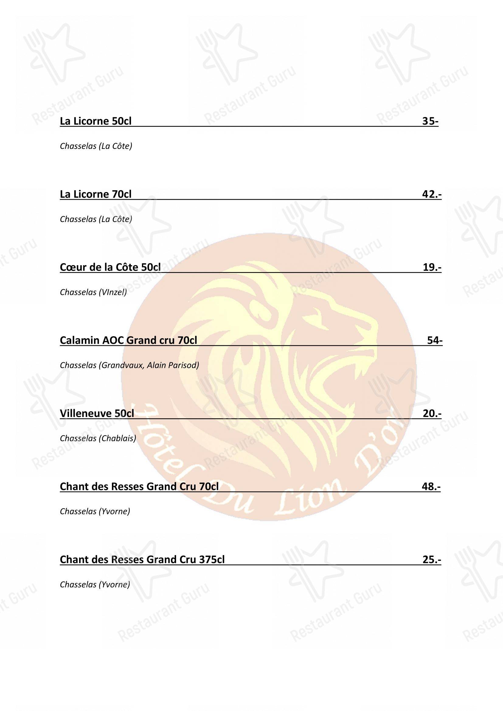 Hôtel du Lion d'Or in Vuarrens - Основное меню