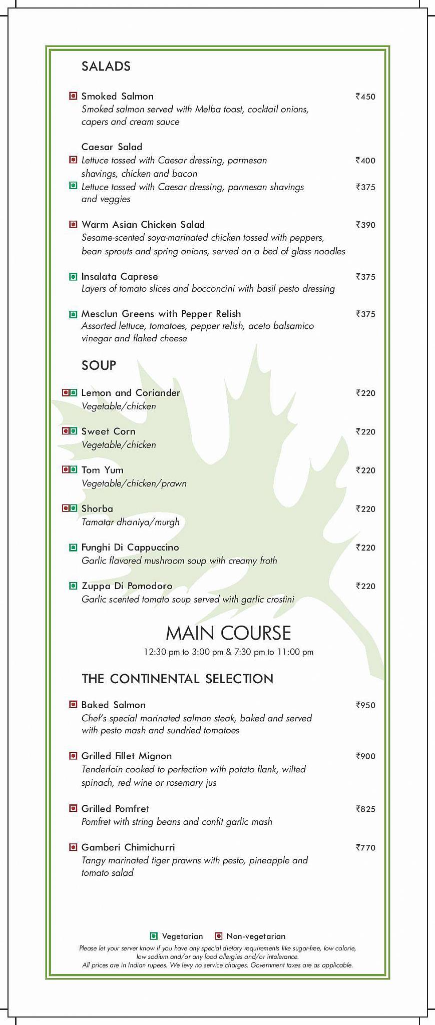 Oakwood Residence Kapil Hyderabad menu