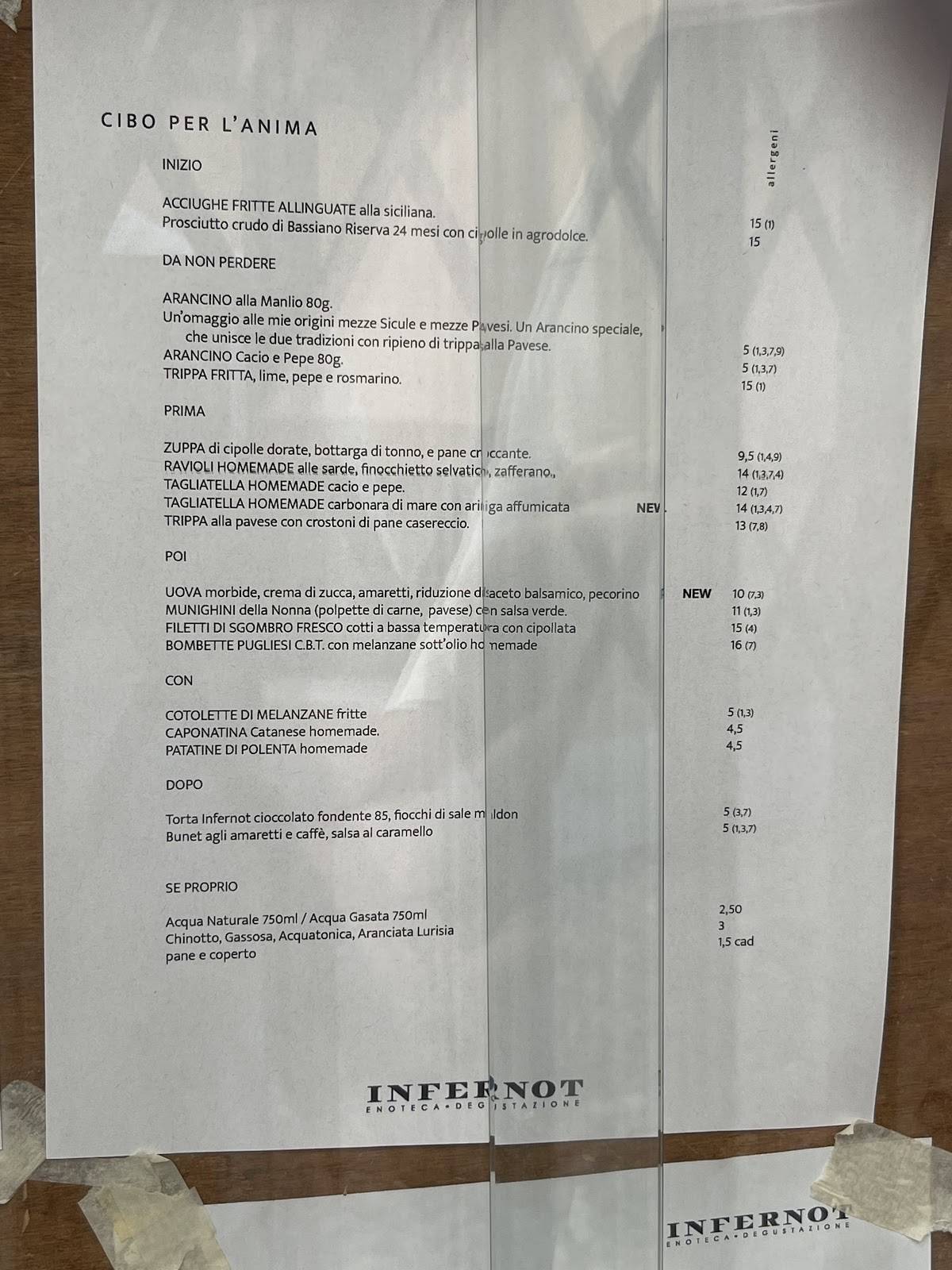 Menu di Infernot - enoteca degustazione 