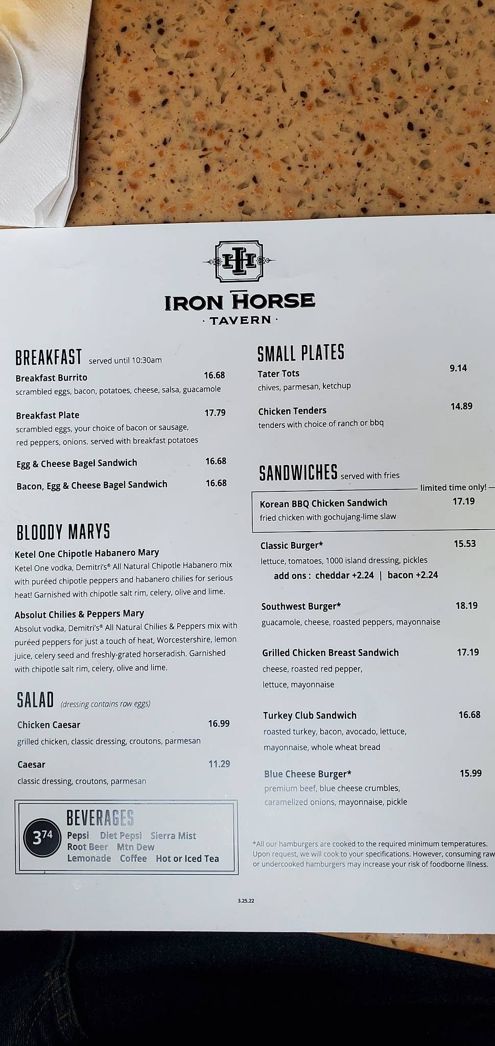 Menu at Iron Horse Tavern restaurant, Sacramento, Airport Blvd E