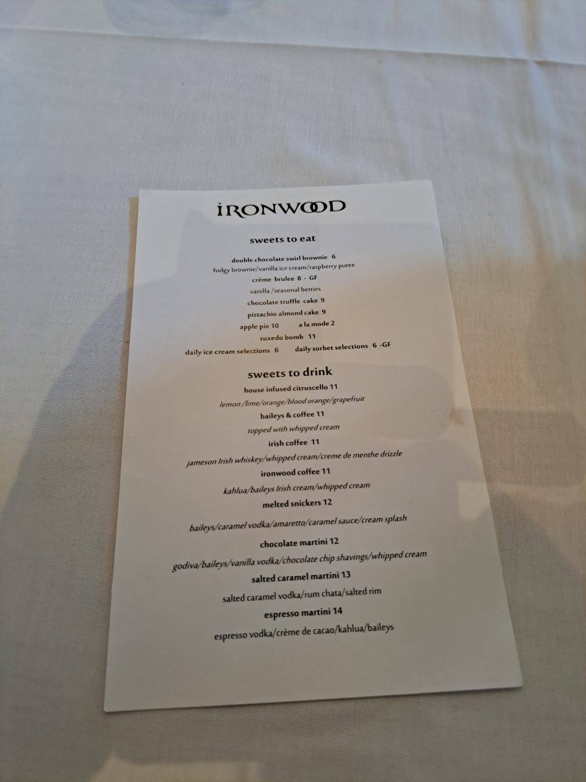 Menu at Ironwood Cafe, Pinehurst