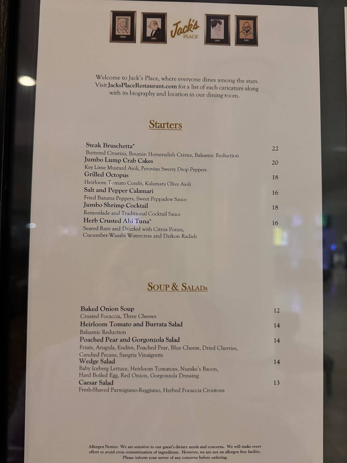 Menu at Jack's Place steakhouse, Orlando, International Dr