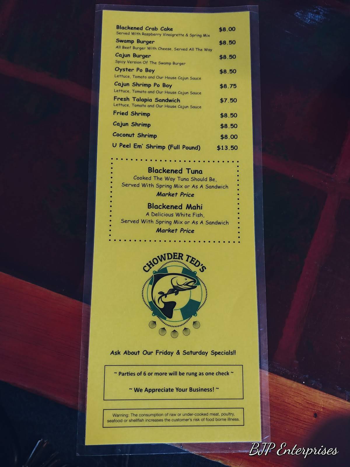 Menu at Chowder Ted's pub & bar, Jacksonville