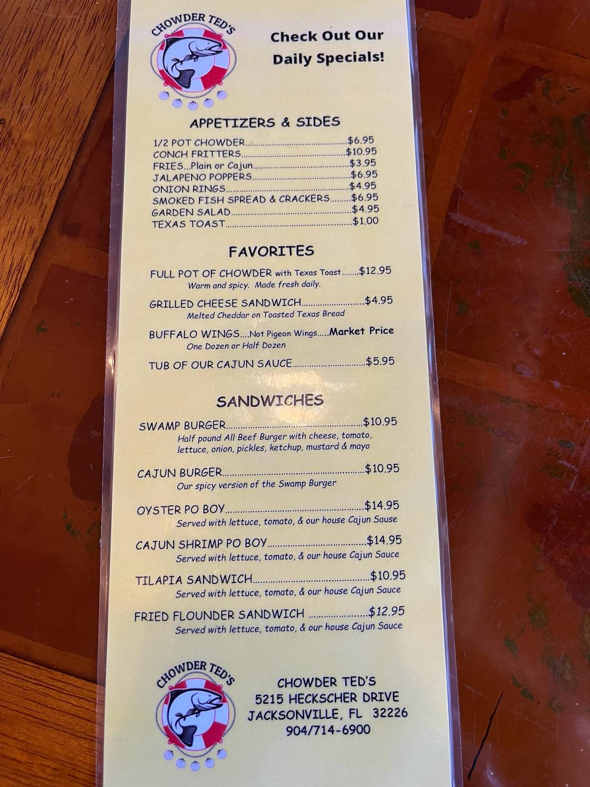 Menu at Chowder Ted's pub & bar, Jacksonville