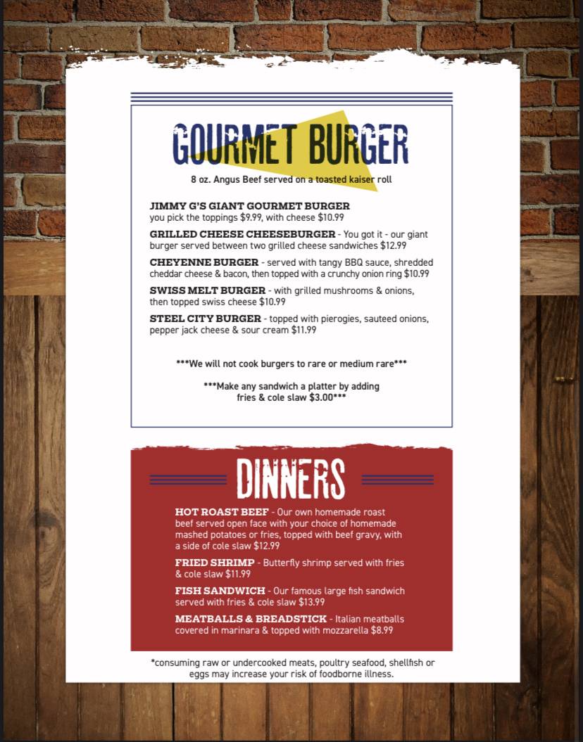 Menu at Jimmy G's Bar & Grill, Canonsburg
