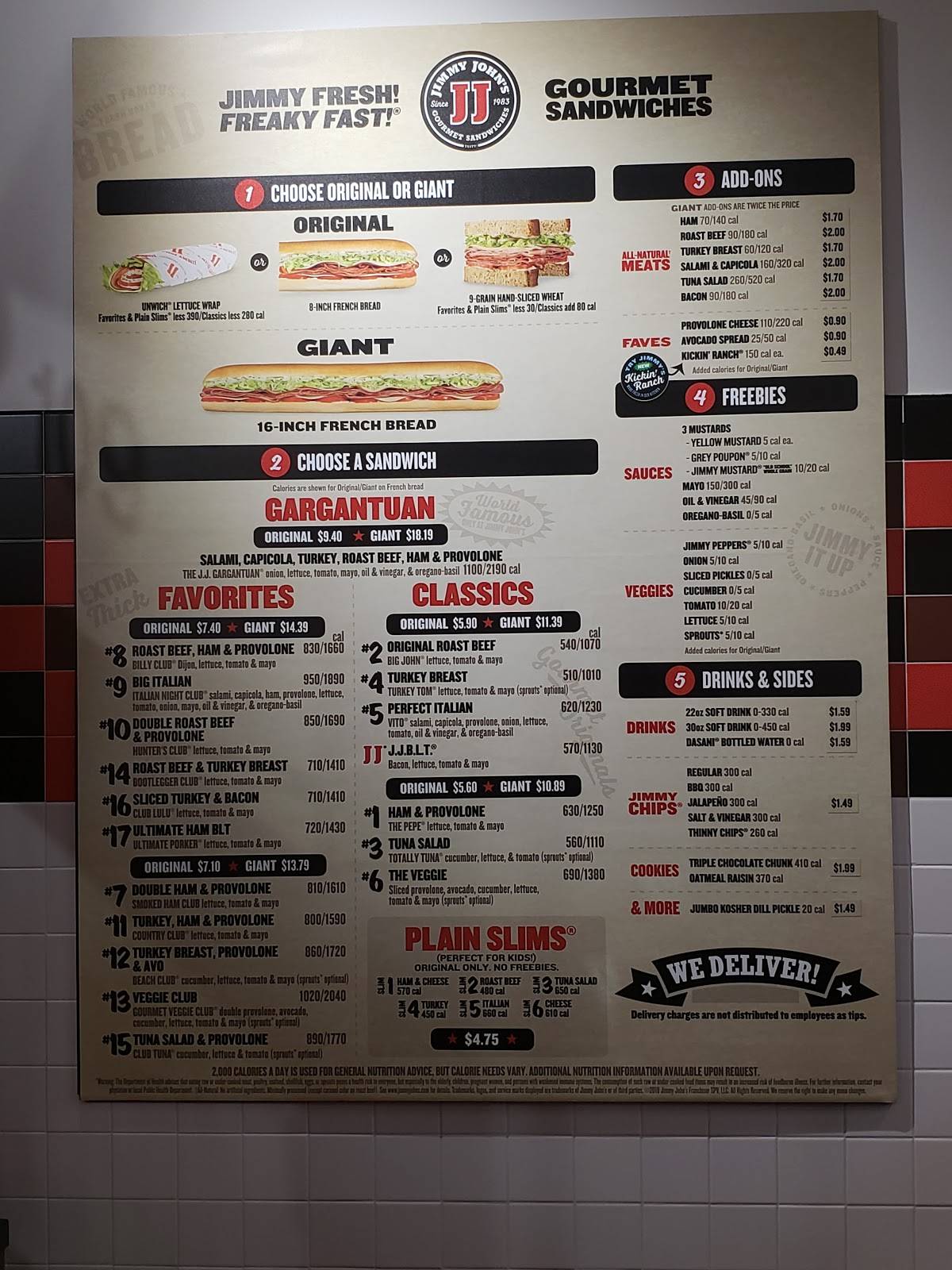 Menu at Jimmy John's fast food, St. Louis, Telegraph Rd