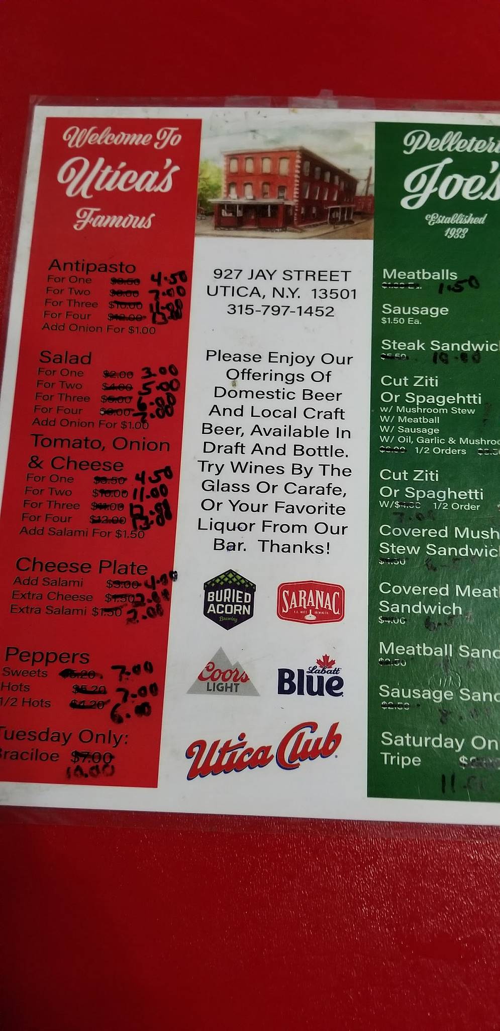 Menu at Joe's Restaurant, Utica