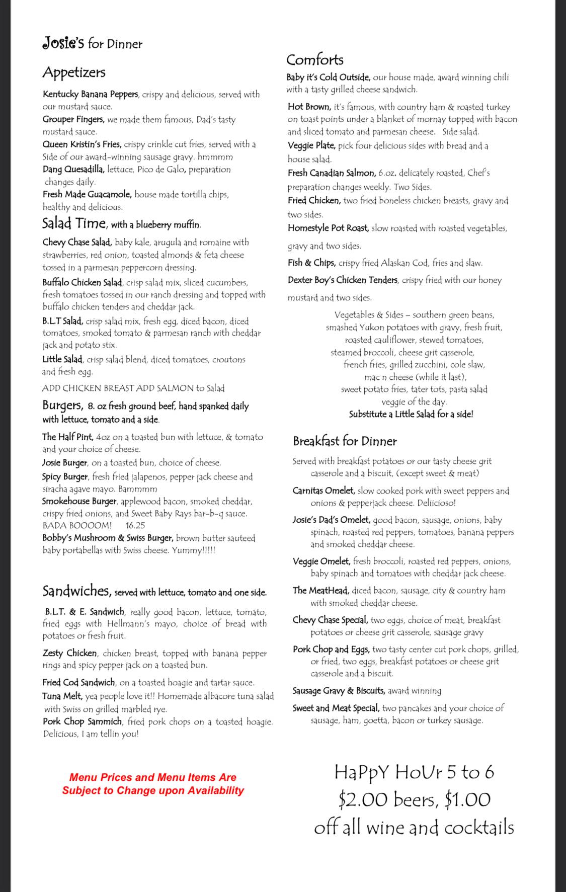 Menu at Josie's Restaurant, Lexington, 821 Chevy Chase Pl