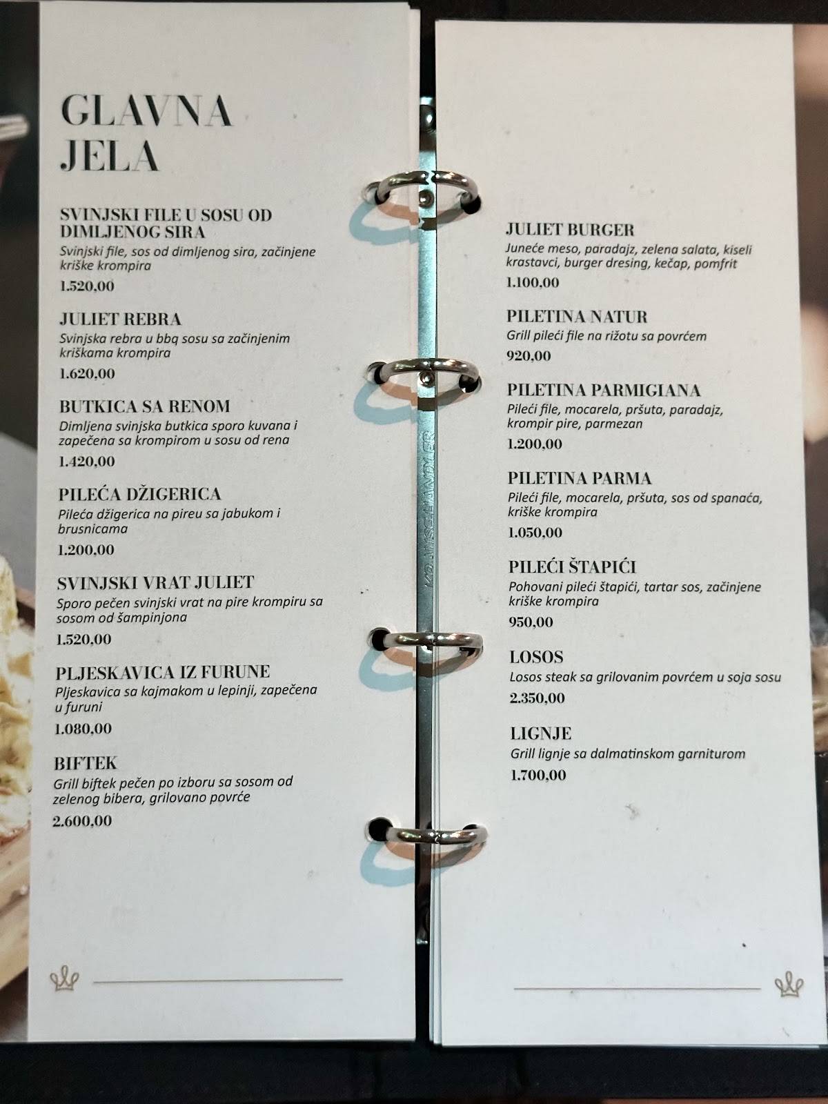 Menu de Juliet
