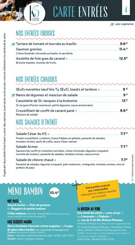 Menu de K5 Bar Brasserie