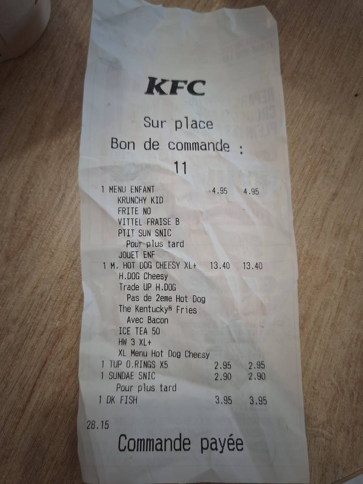 Menu de KFC Créteil Foch