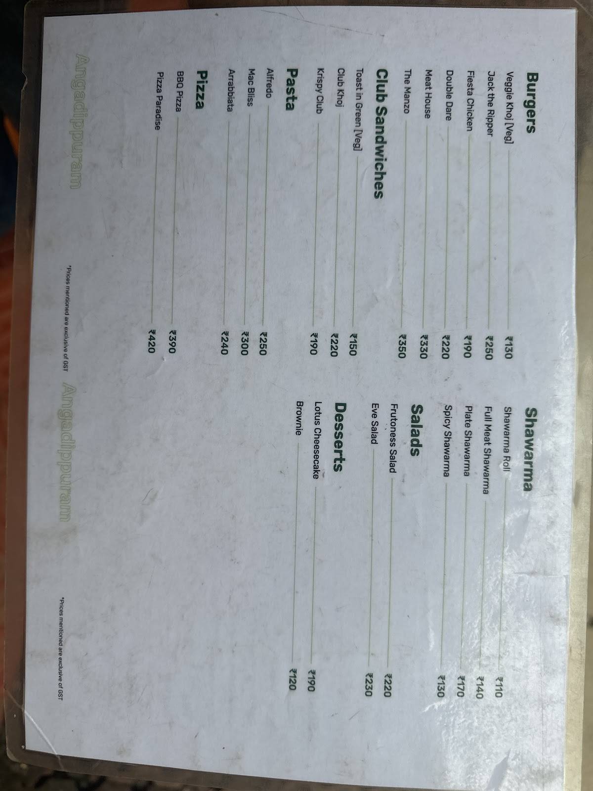 KHOJ Vintage, Perinthalmanna menu