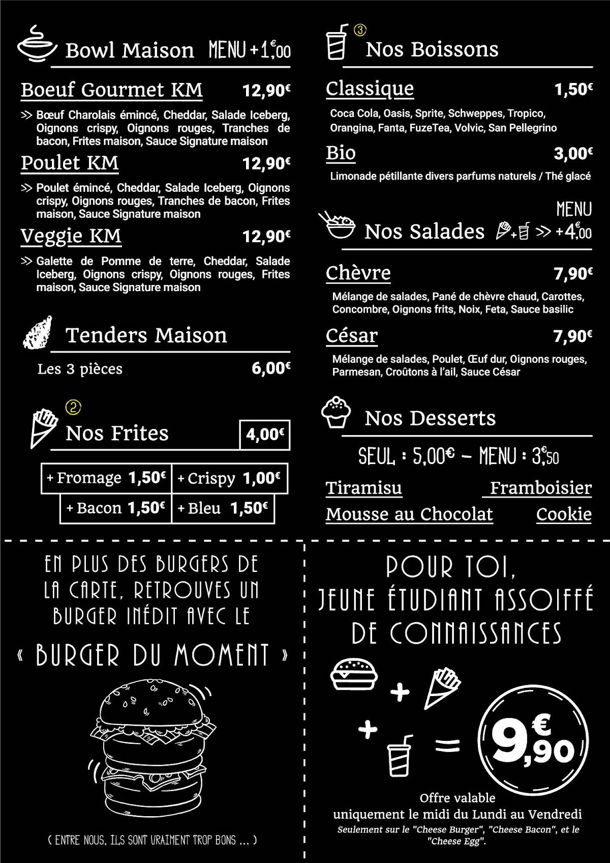 Menu de KM Burger Riom