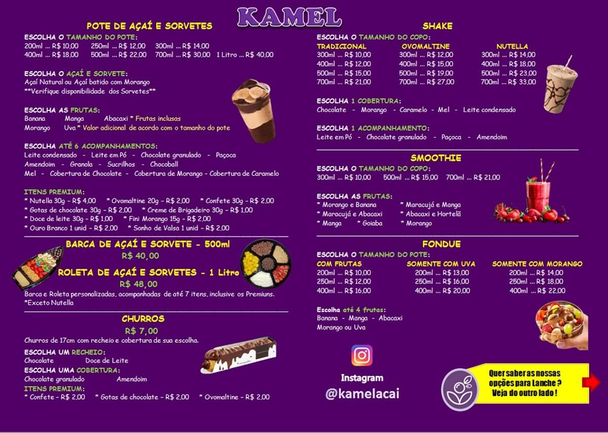 Kamel Açaí cardápio