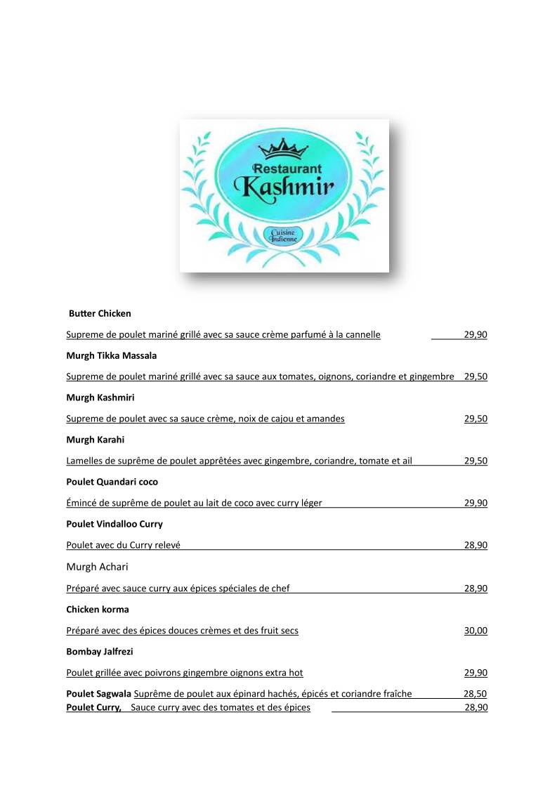 Menu di Kashmir Restaurant Vevey 