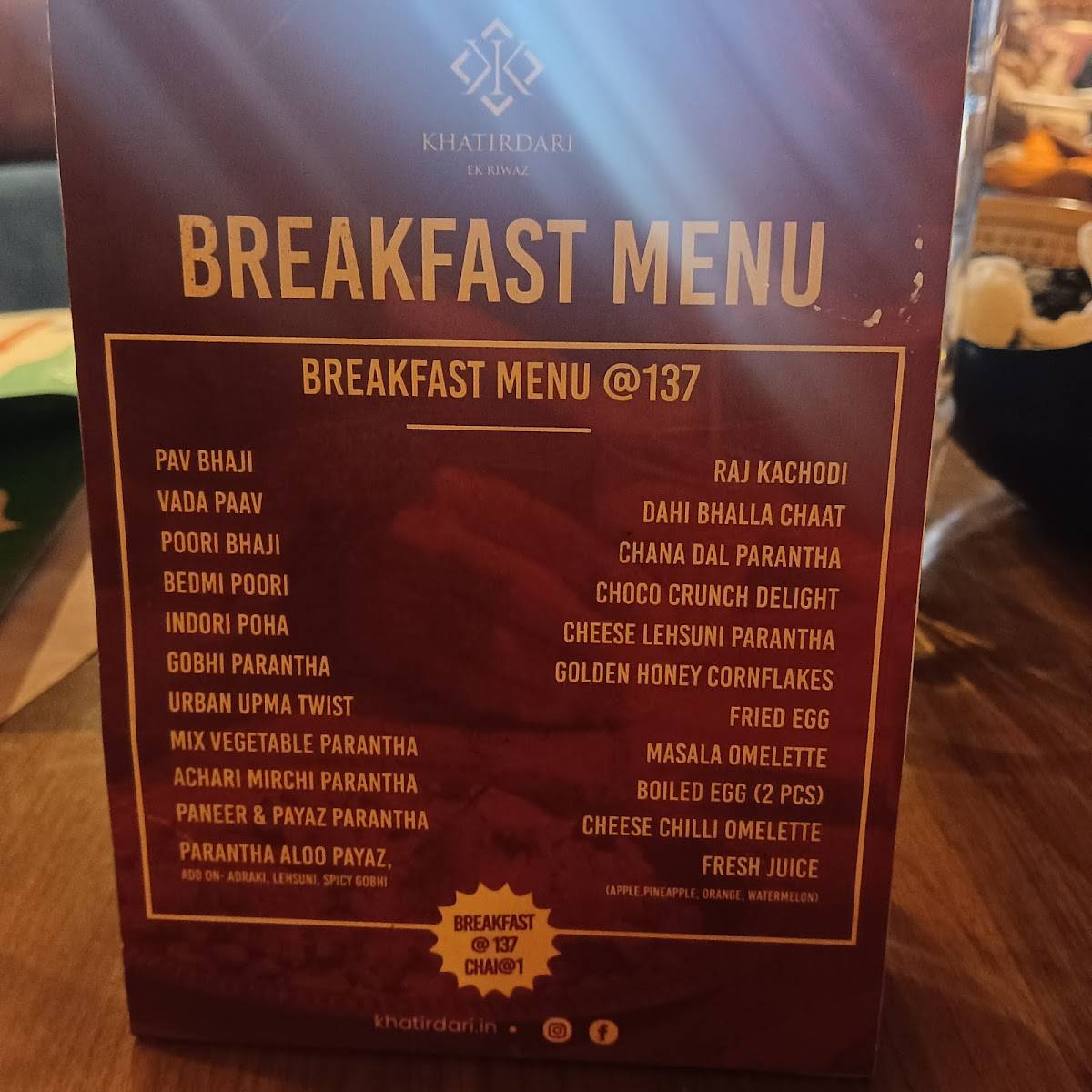 Khatirdari Ek Riwaz menu