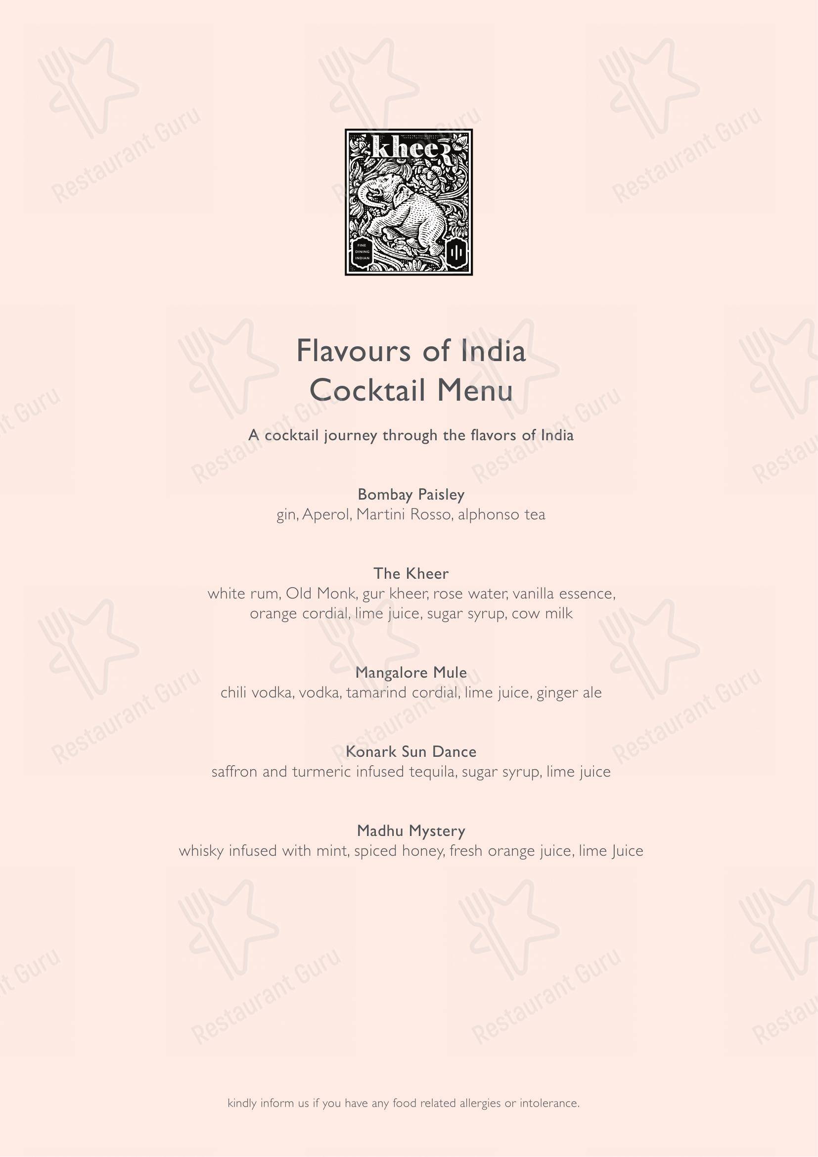 Menu for the Kheer - Roseate House restaurant