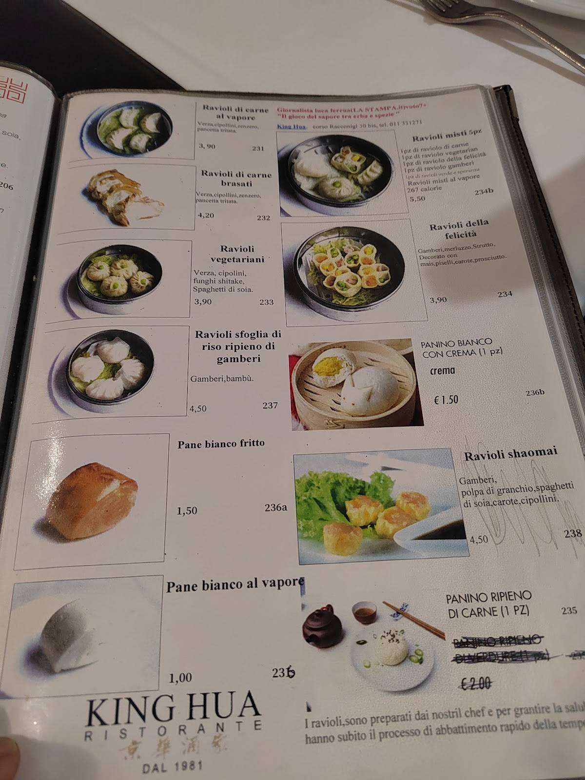 Menu di King Hua dal 1981 