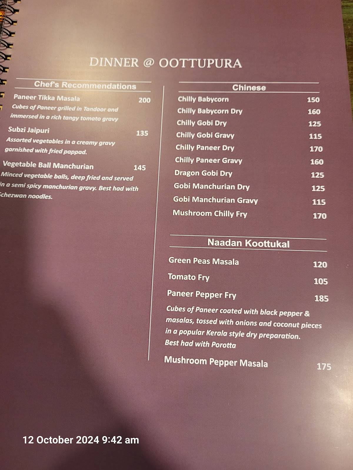Gokul Oottupura Vegetarian menu
