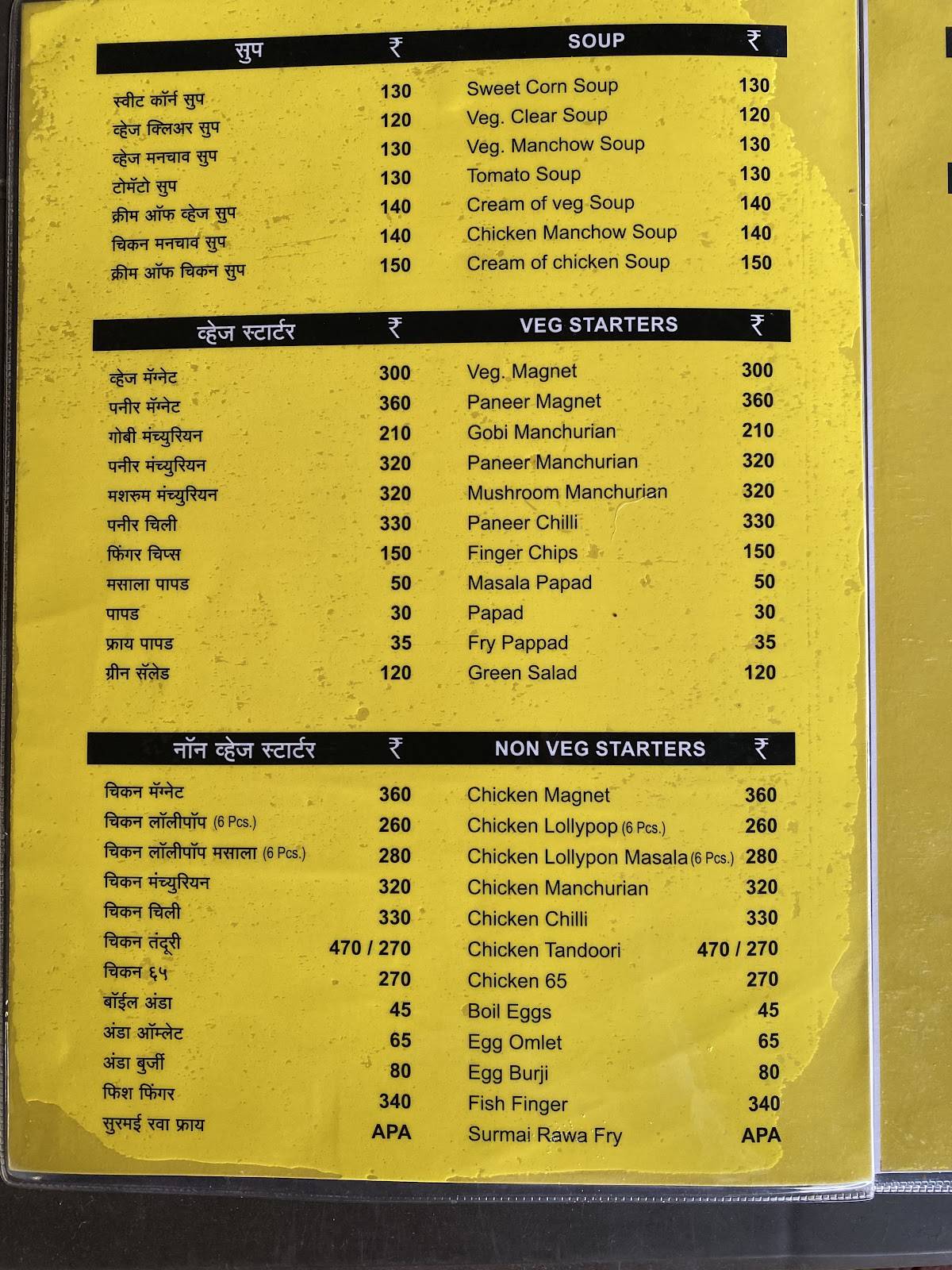 Hotel Manora menu