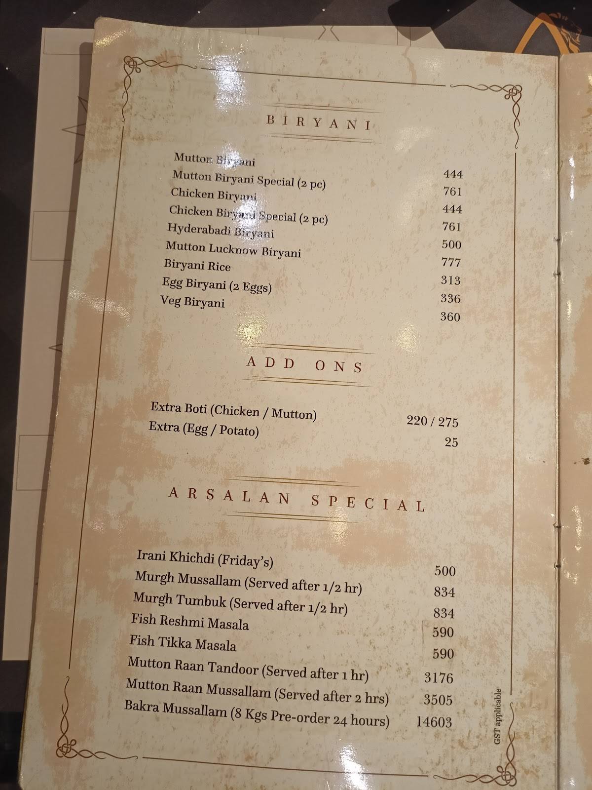 Arsalan Restaurant & Caterer menu