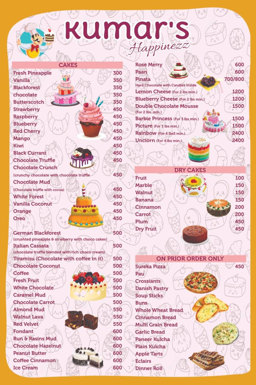 Kumars Pastry Shop/Best Bakery Shop/Best Cake shop menu