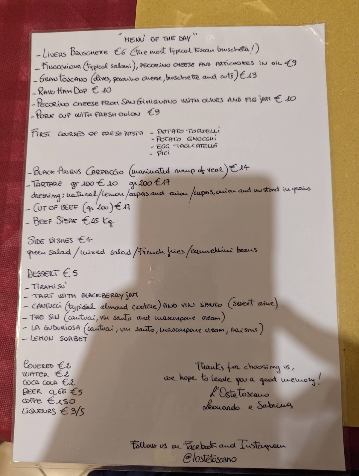 Menu di L' Oste Toscano 