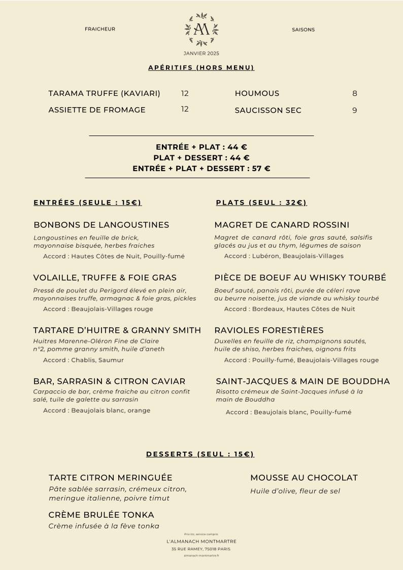 Menu de L'Almanach Montmartre