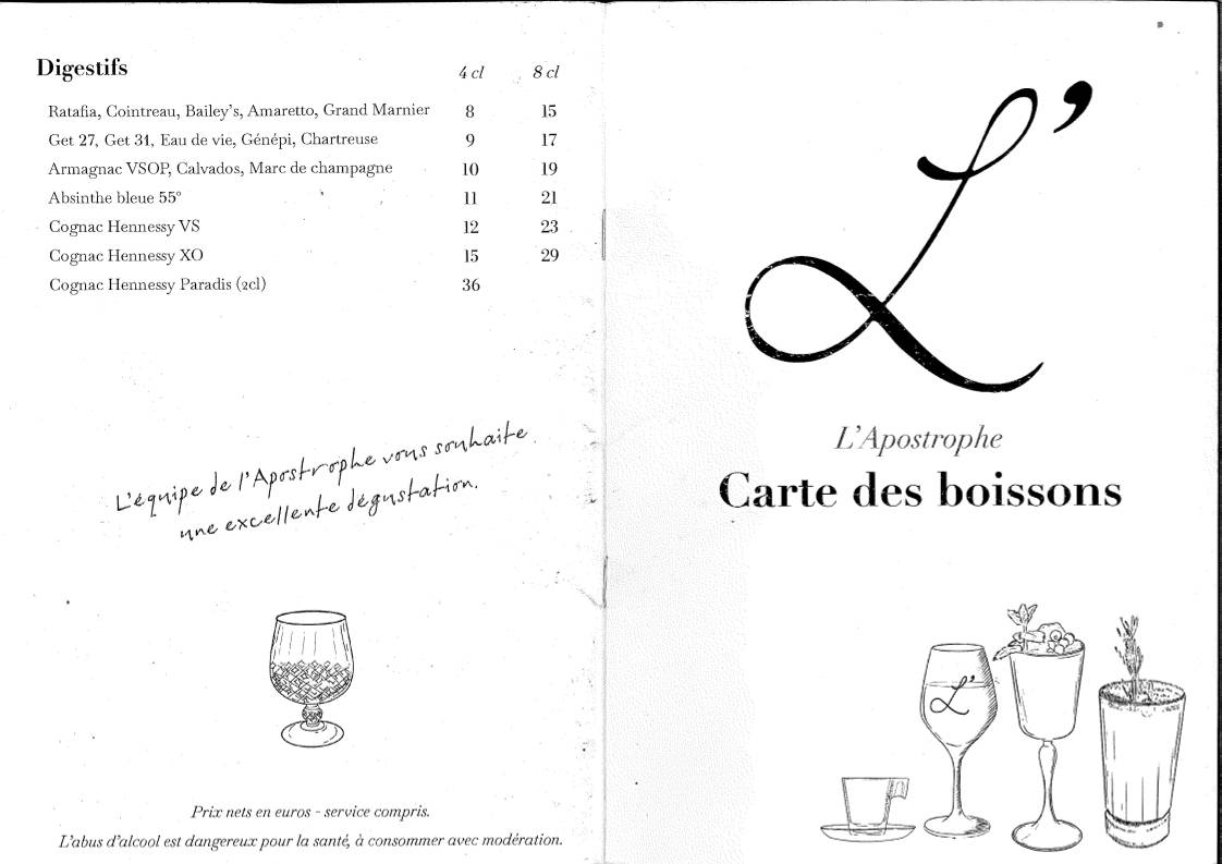 Menu de L'Apostrophe
