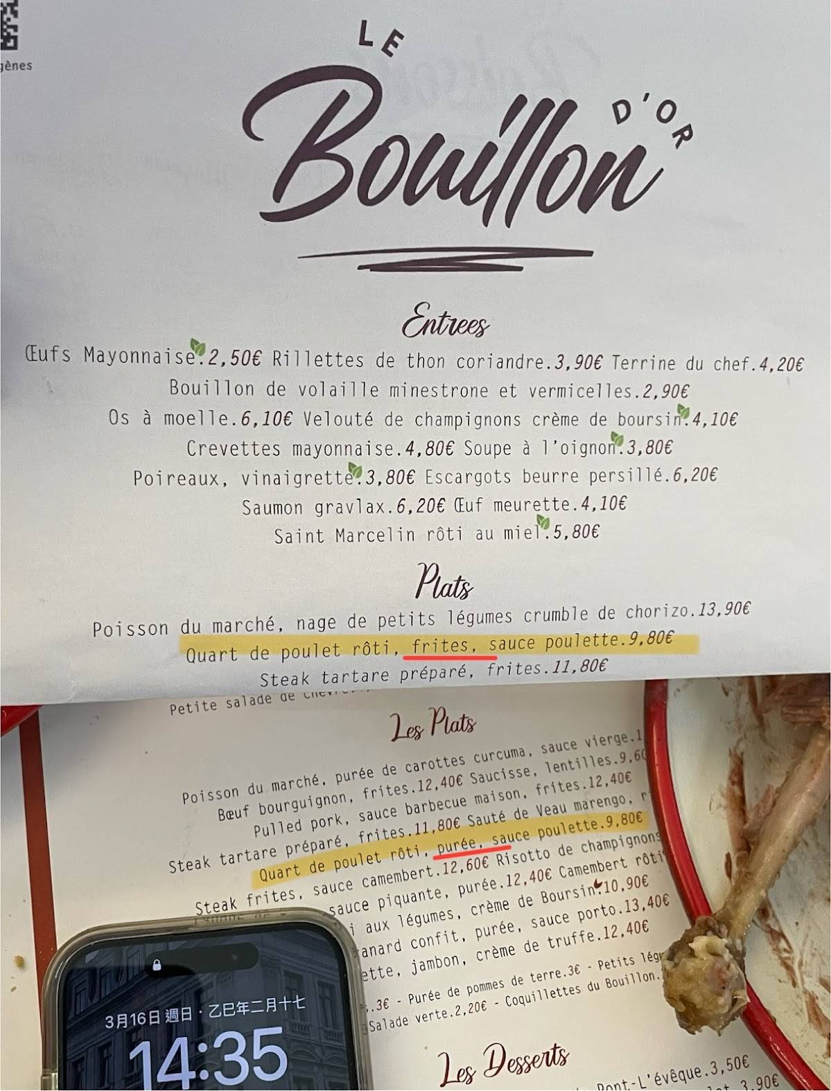 Menu de Le Bouillon d'Or