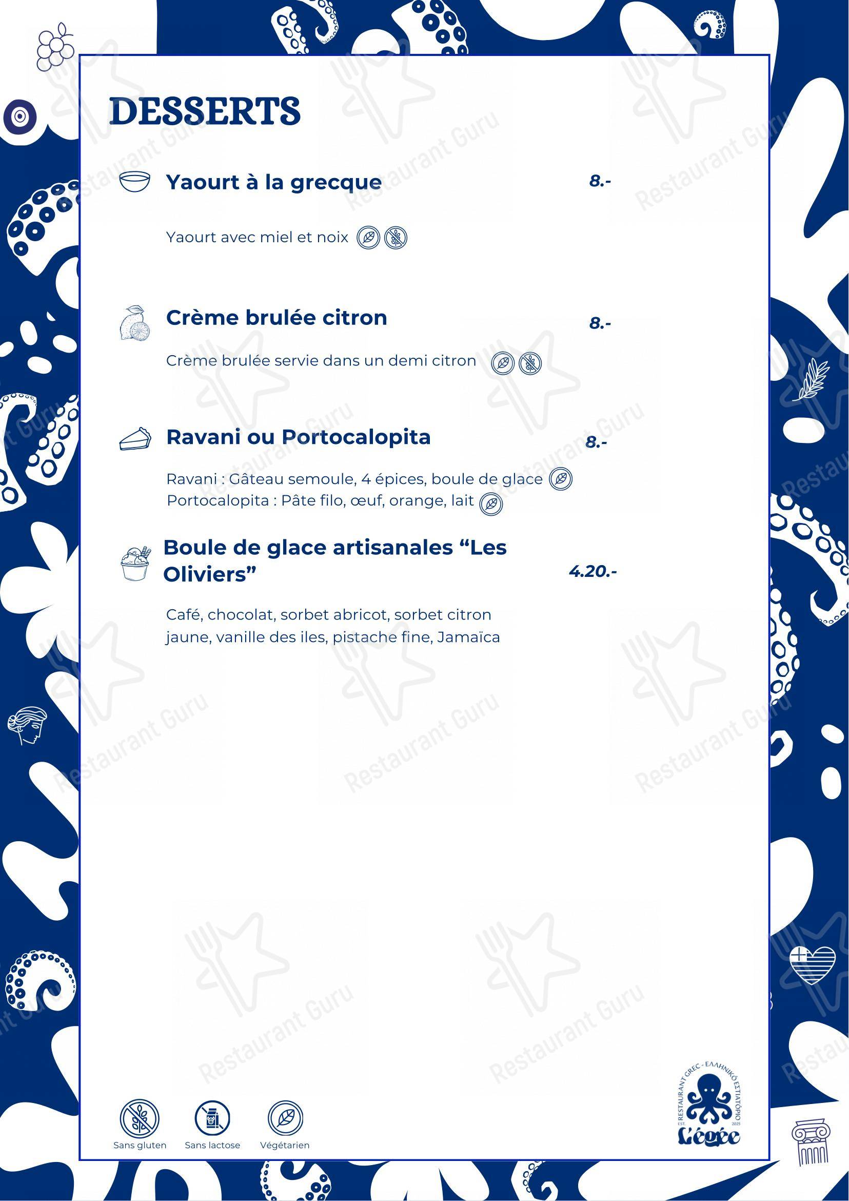 Menu pour L'Égée dans Gland