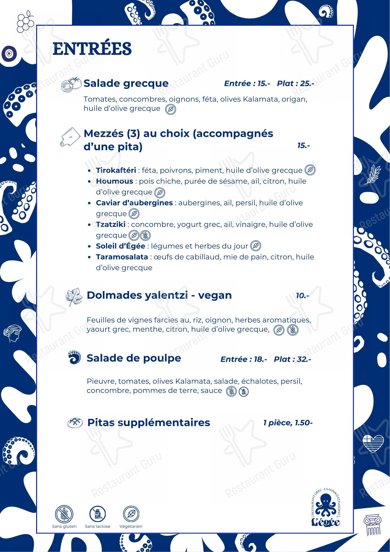 Menu pour L'Égée - Menu