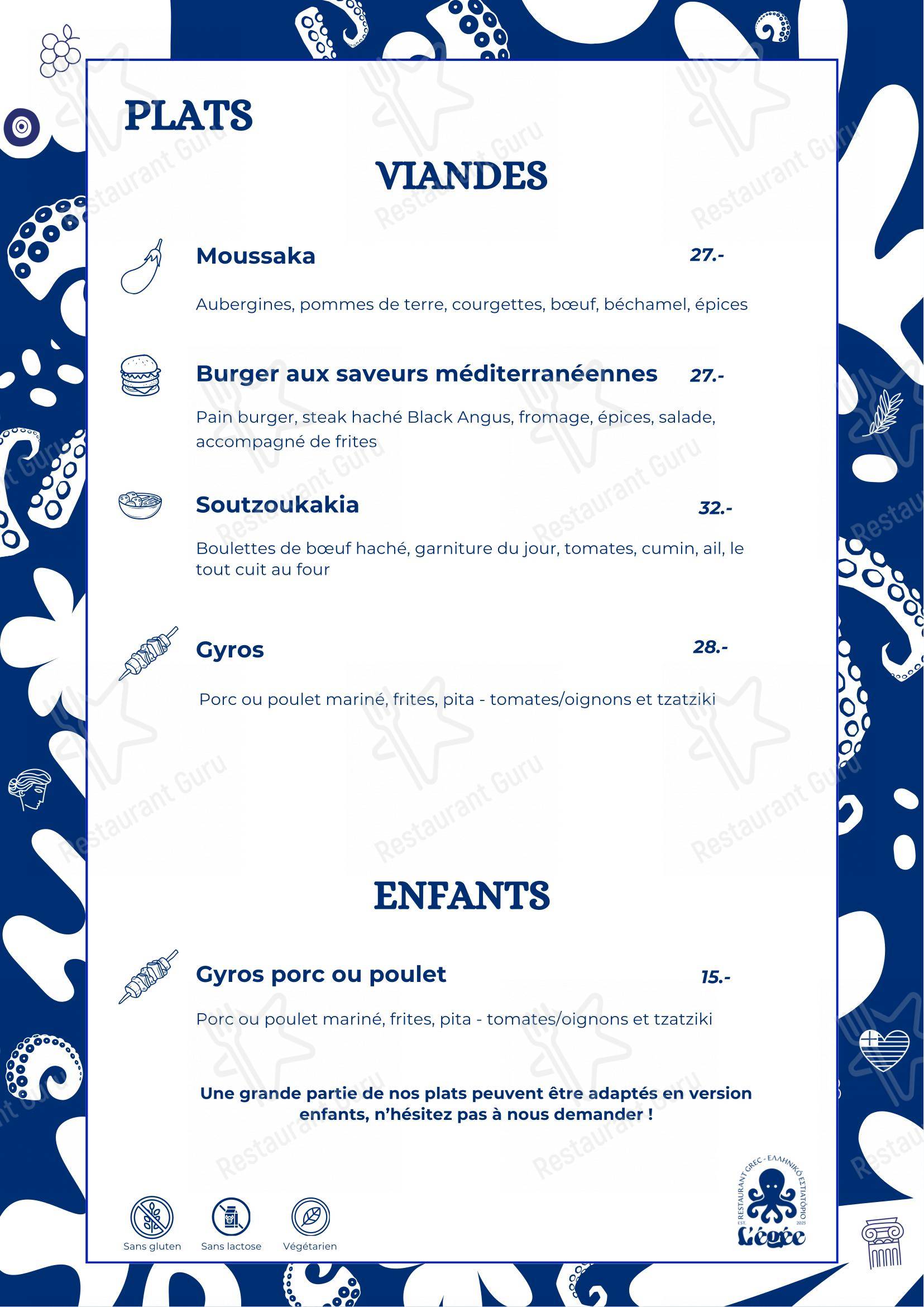 Menu pour L'Égée restaurant