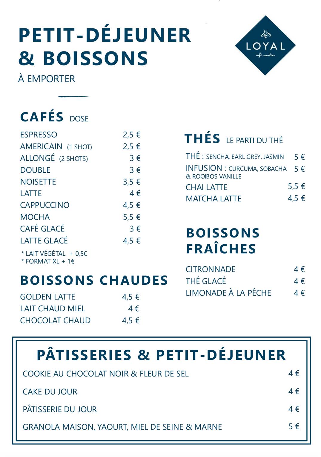 Menu de LOYAL Café Cantine