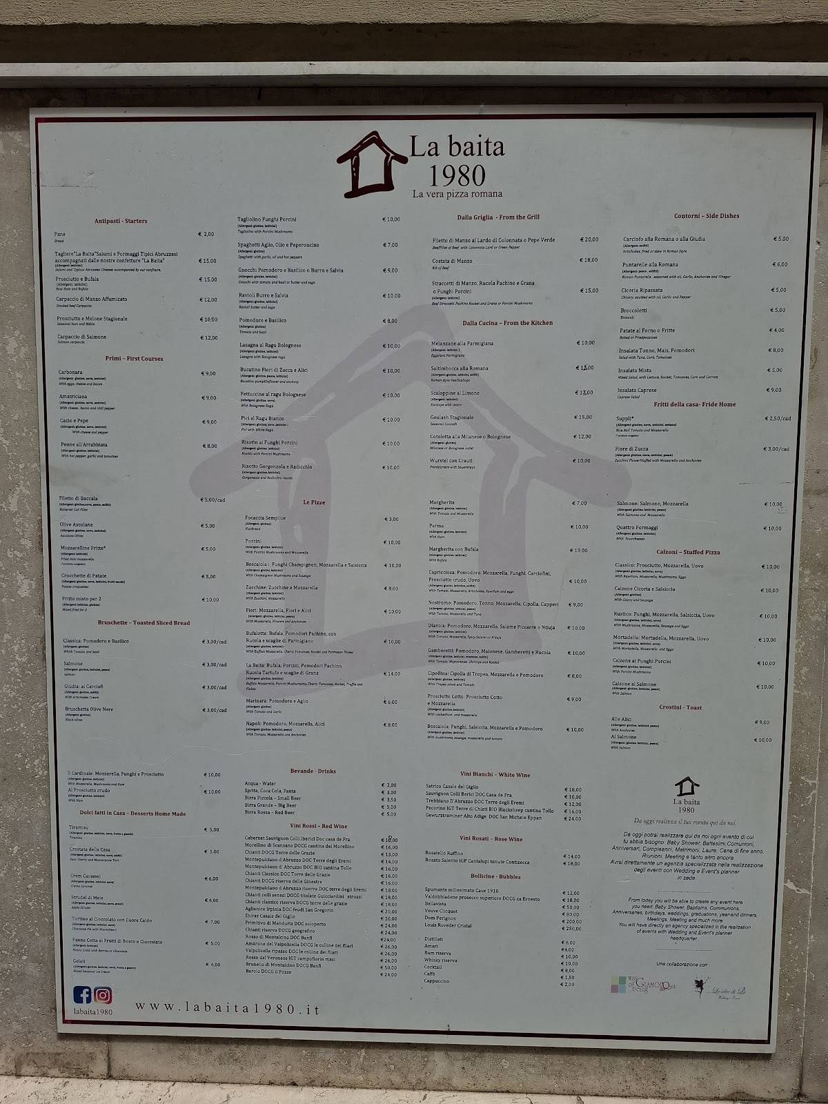 Menu di La Baita 1980 
