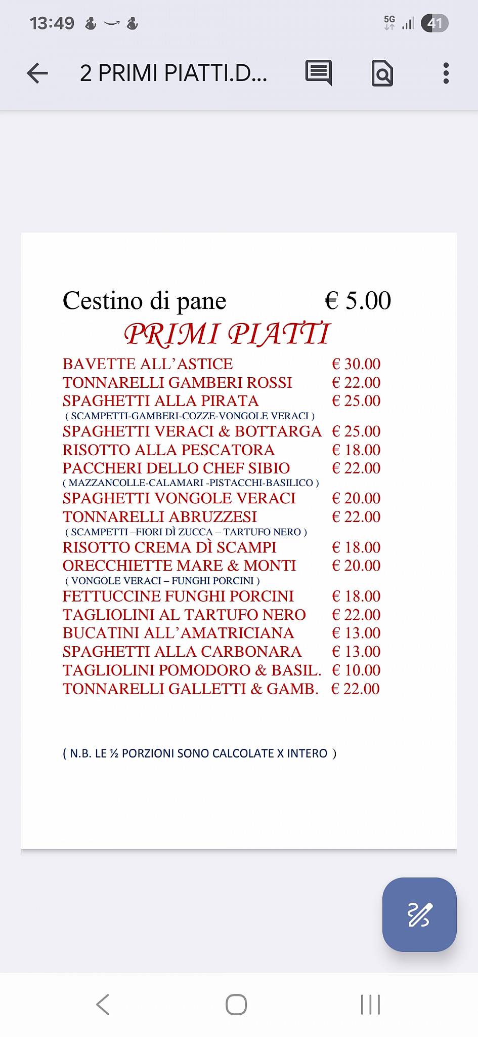 Menu di Ristorante La Cascina 