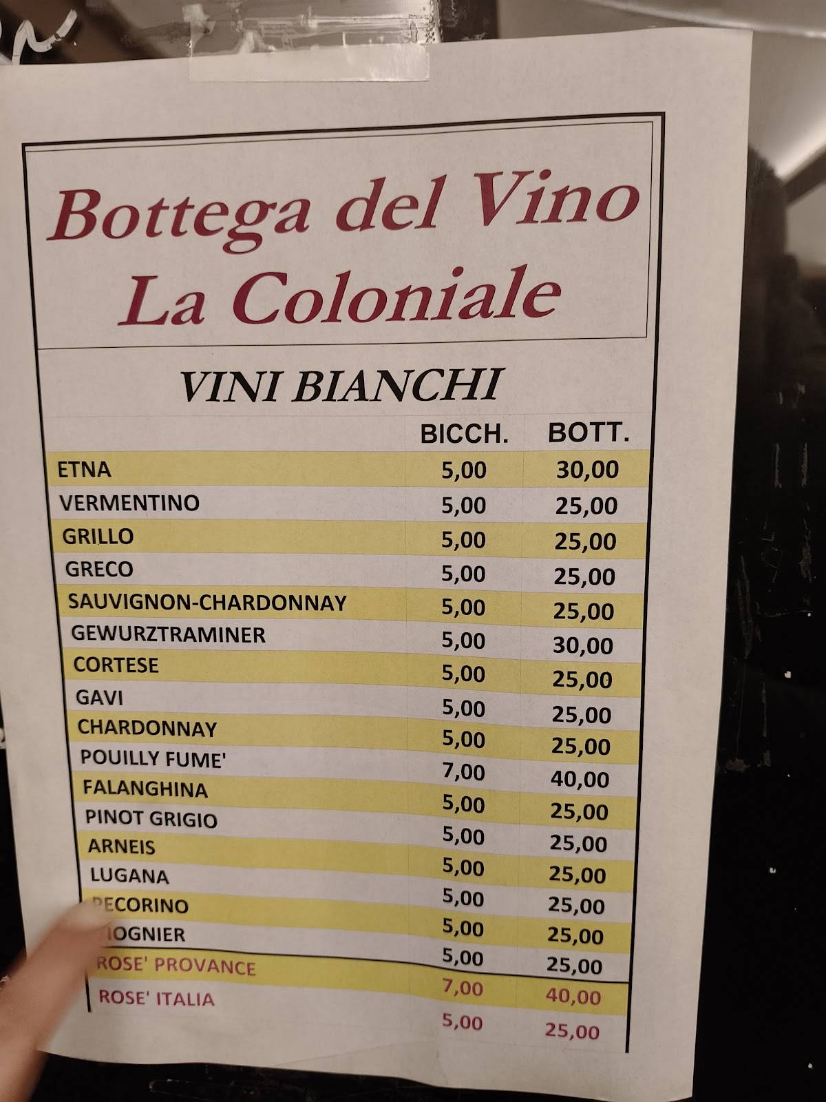 Menu di Bottega del Vino La Coloniale 