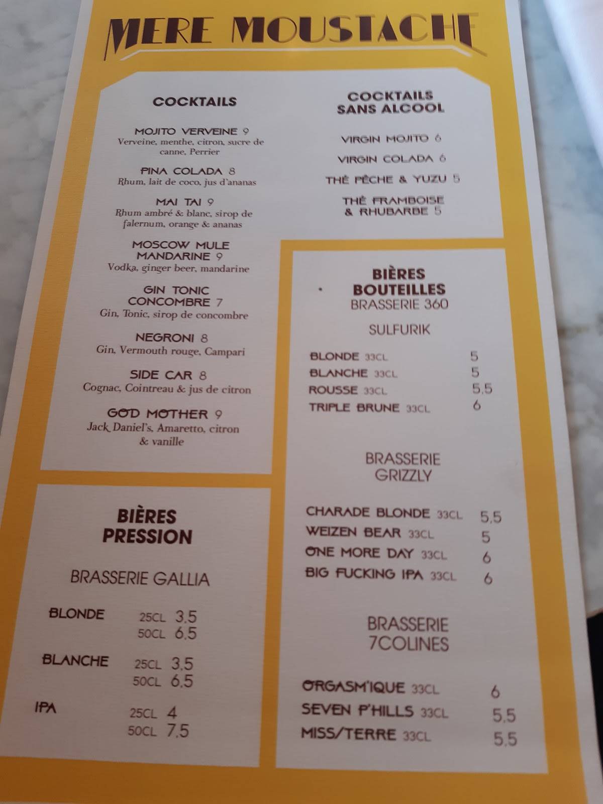 Menu au La Mère Moustache restaurant, ClermontFerrand