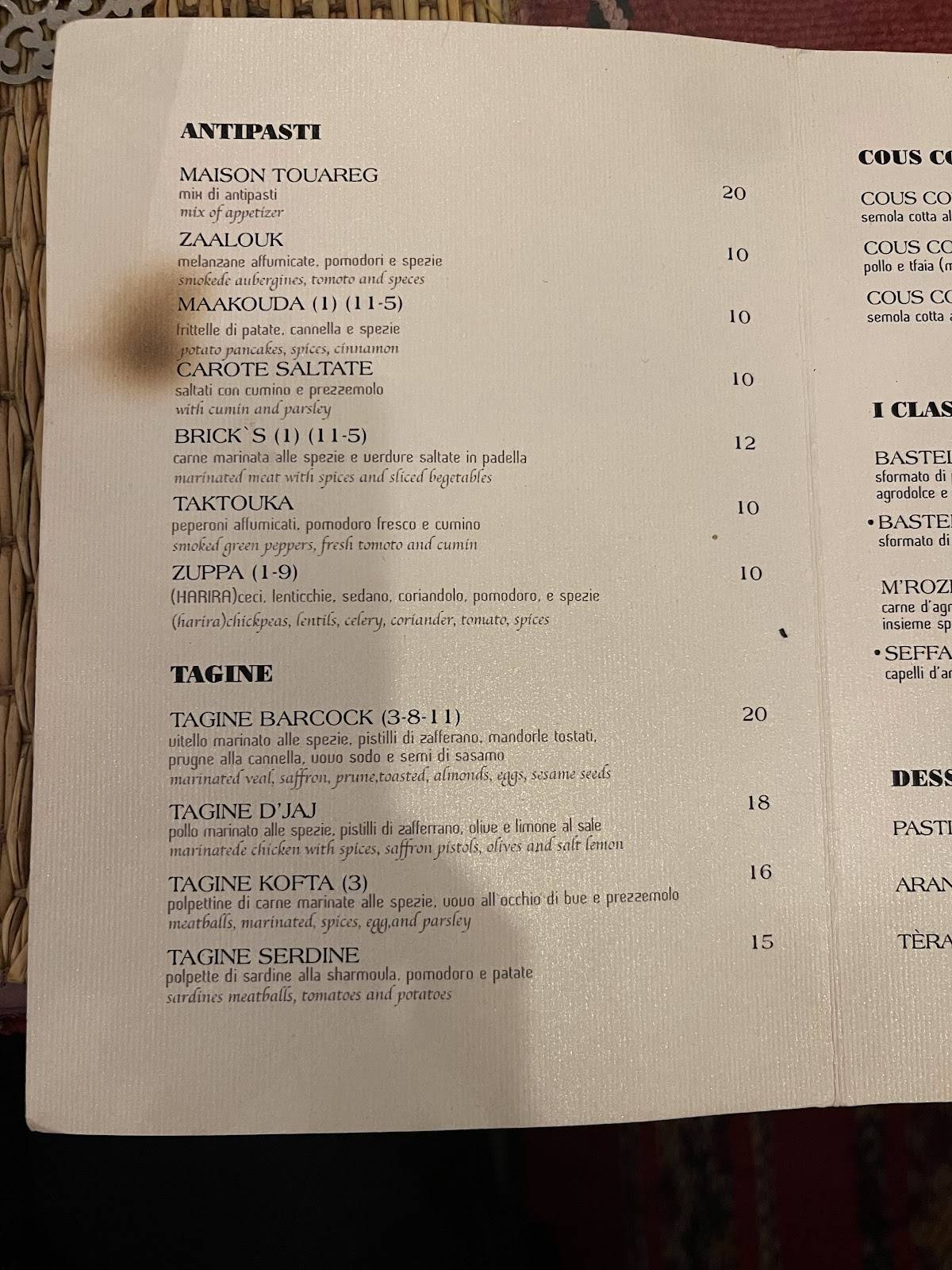 Menu di La Maison Touareg 