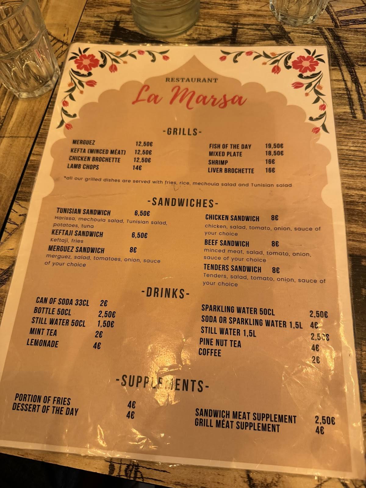 Menu de La Marsa